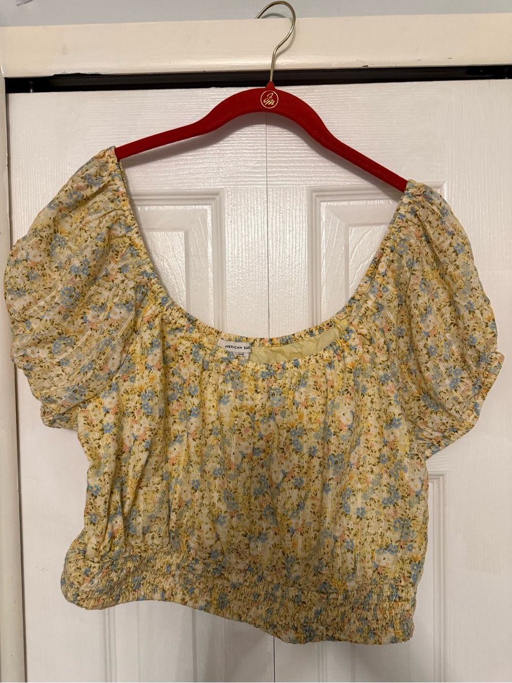 American Eagle Outfitters Yellow Floral Puff-Sleeve Crop Top
